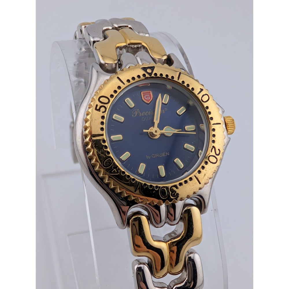 Precision by Gruen Watch Women 26mm Case Blue Dial Two Tone 7" Band- New Battery